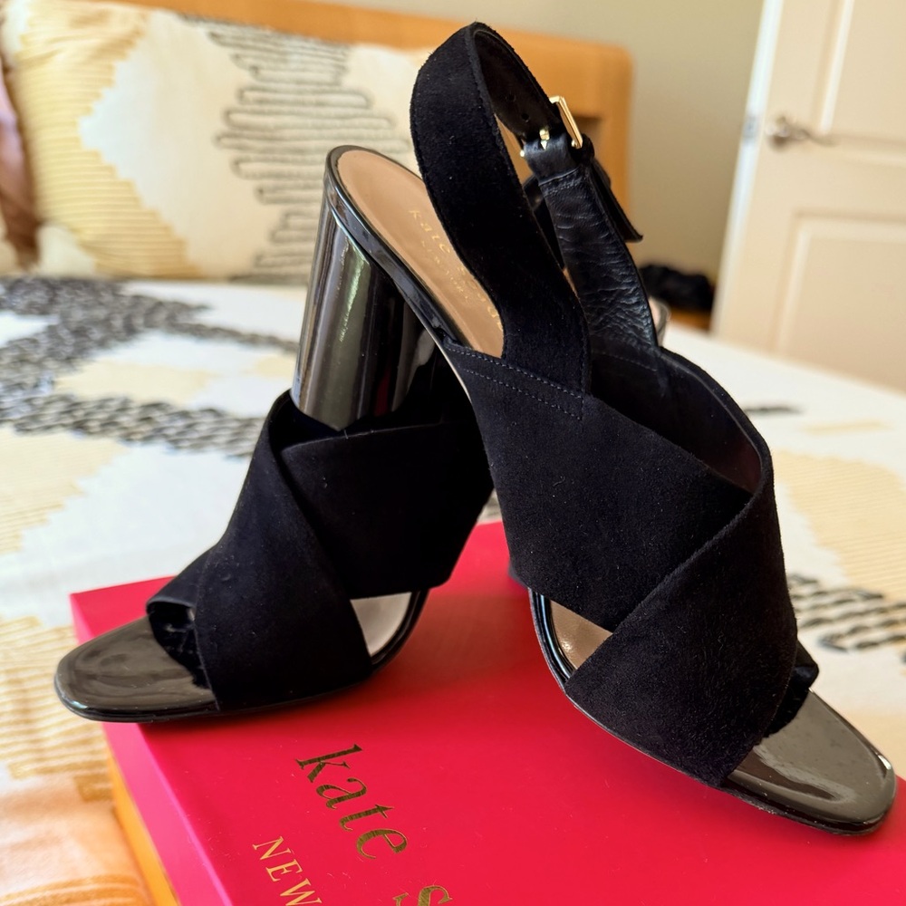kate spade Black Suede Crisscross Block Heel Sandals